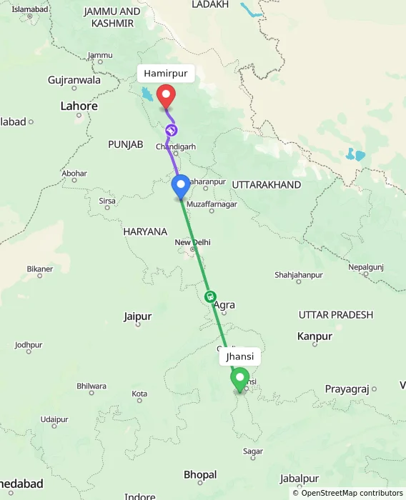 Route map showing distance and travel time from Jhansi, India to Hamirpur, India