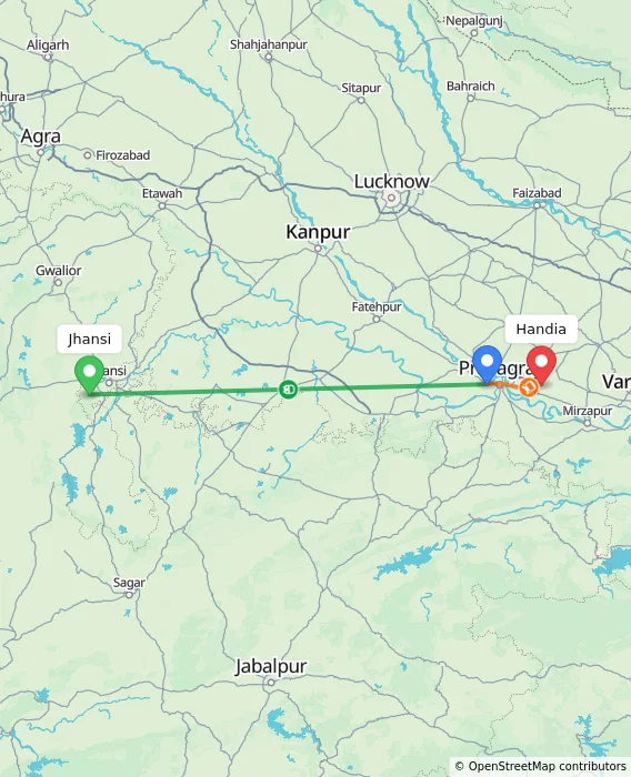 Route map showing distance and travel time from Jhansi, India to Handia, India