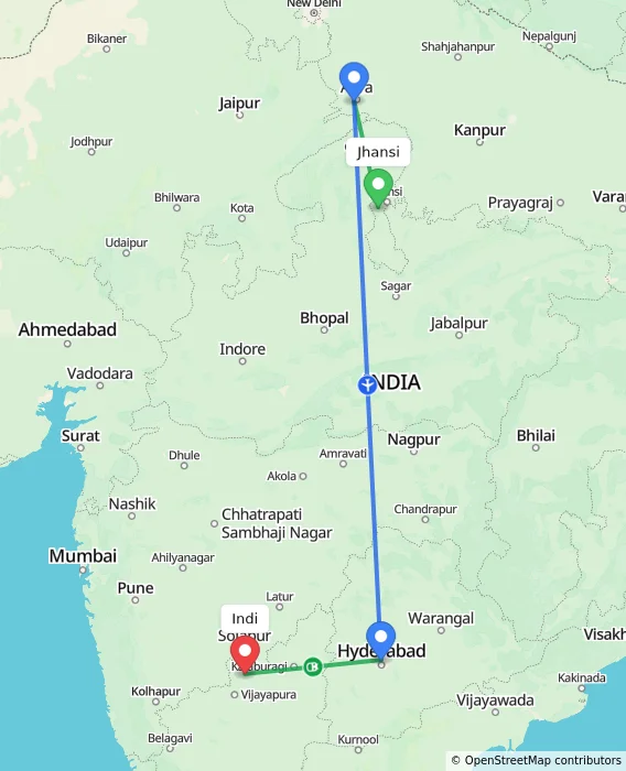 Route map showing distance and travel time from Jhansi, India to Indi, India