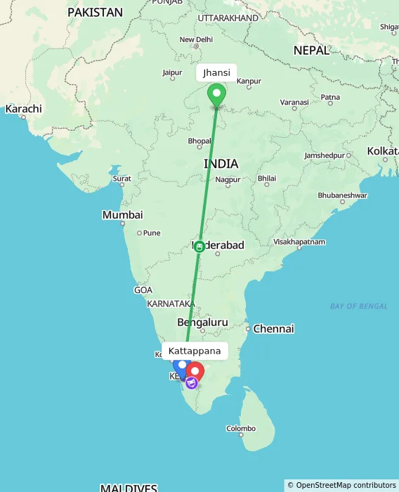 Route map showing distance and travel time from Jhansi, India to Kattappana, India