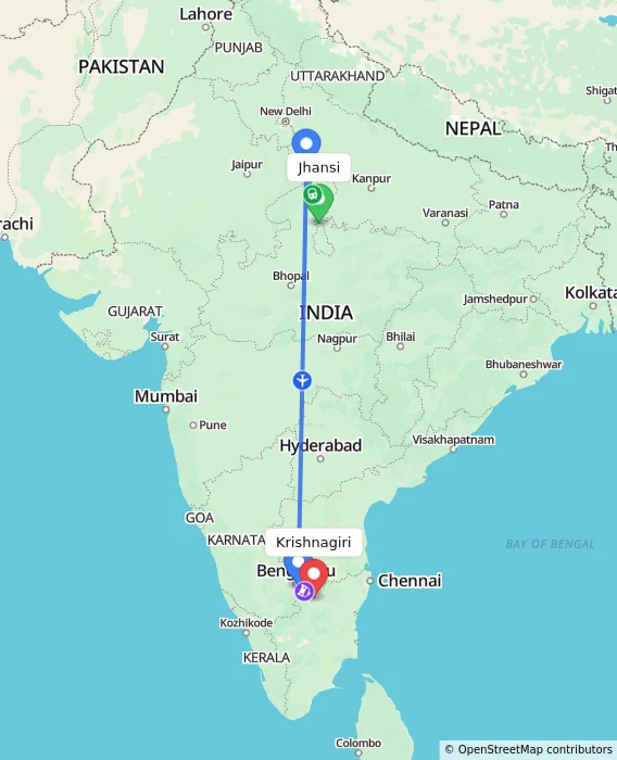Route map showing distance and travel time from Jhansi, India to Krishnagiri, India