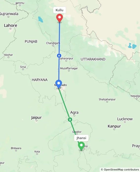 Route map showing distance and travel time from Jhansi, India to Kullu, India