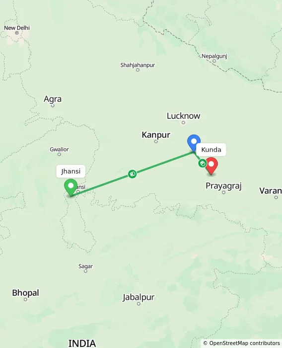 Route map showing distance and travel time from Jhansi, India to Kunda, India