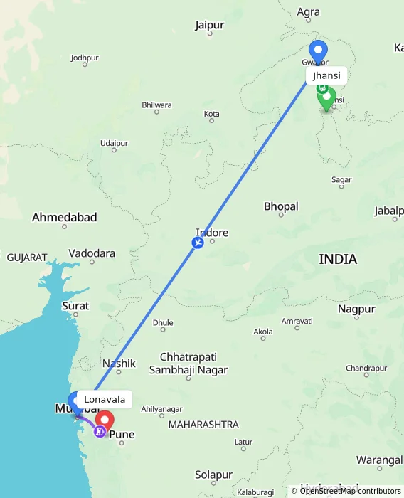 Route map showing distance and travel time from Jhansi, India to Lonavala, India