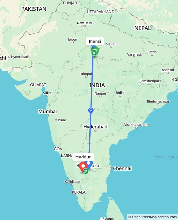 Route map showing distance and travel time from Jhansi, India to Maddur, India
