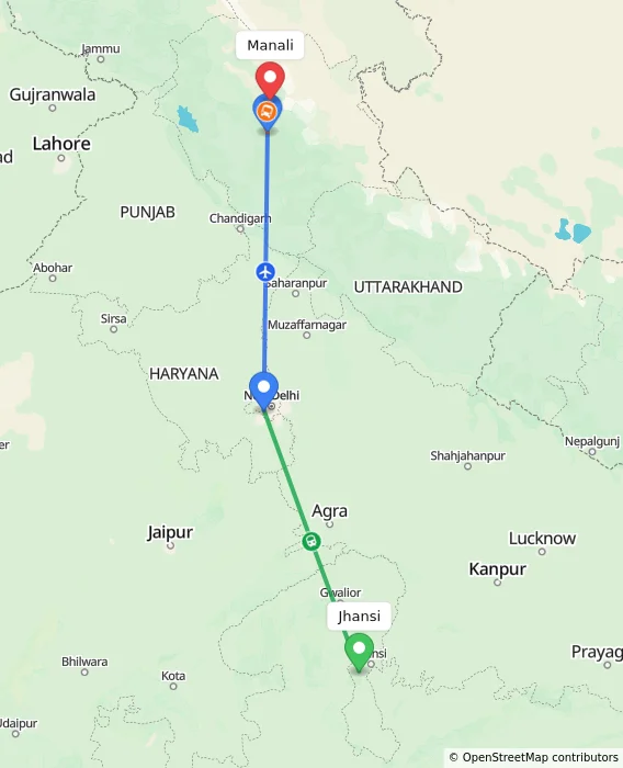 Route map showing distance and travel time from Jhansi, India to Manali, India