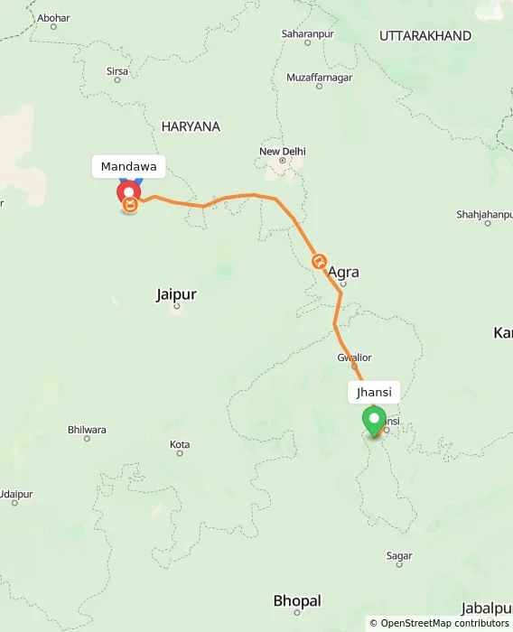 Route map showing distance and travel time from Jhansi, India to Mandawa, India