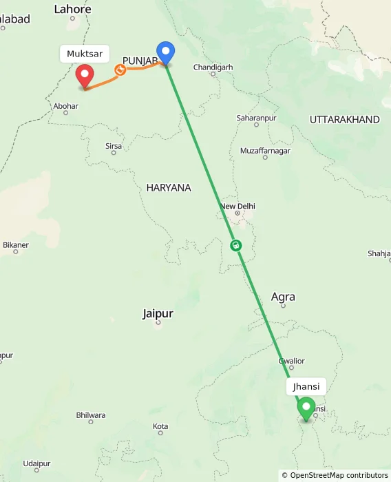 Route map showing distance and travel time from Jhansi, India to Muktsar, India