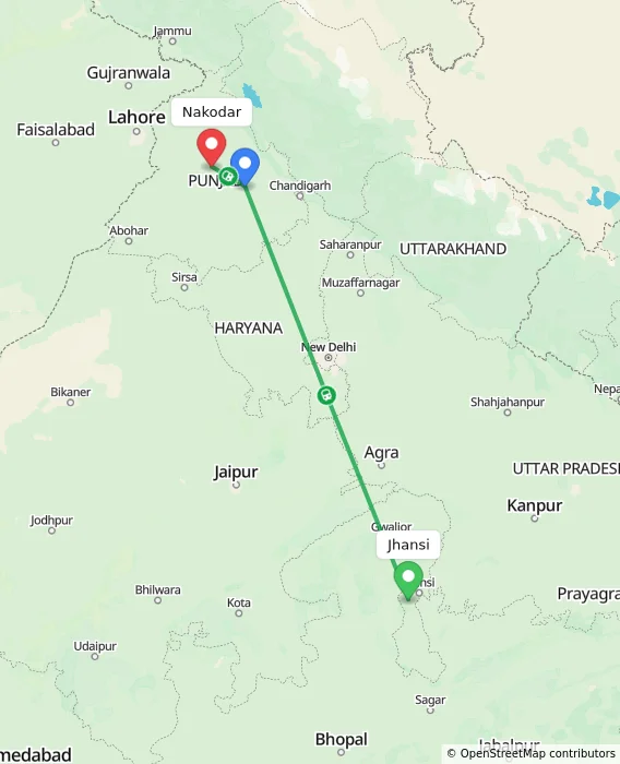Route map showing distance and travel time from Jhansi, India to Nakodar, India