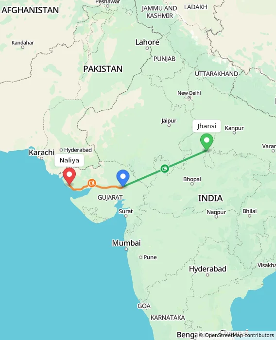 Route map showing distance and travel time from Jhansi, India to Naliya, India