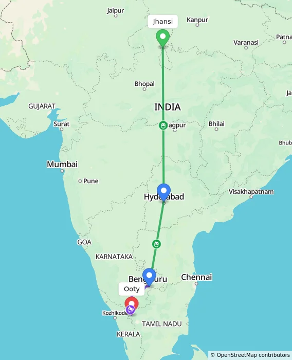 Route map showing distance and travel time from Jhansi, India to Ooty, India