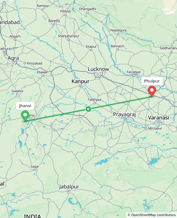 Route map showing distance and travel time from Jhansi, India to Phulpur, India