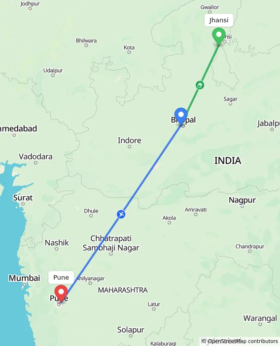Route map showing distance and travel time from Jhansi, India to Pune, India