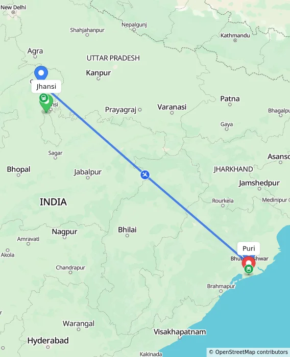 Route map showing distance and travel time from Jhansi, India to Puri, India