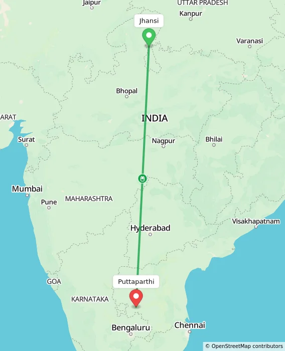 Route map showing distance and travel time from Jhansi, India to Puttaparthi, India