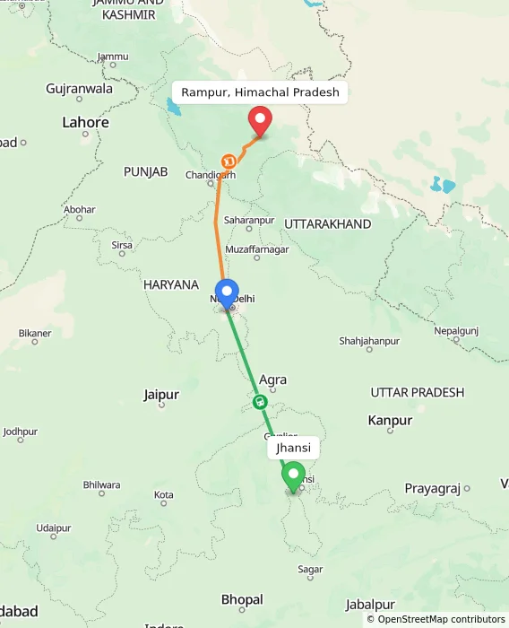 Route map showing distance and travel time from Jhansi, India to Rampur, Himachal Pradesh, India