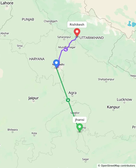 Route map showing distance and travel time from Jhansi, India to Rishikesh, India