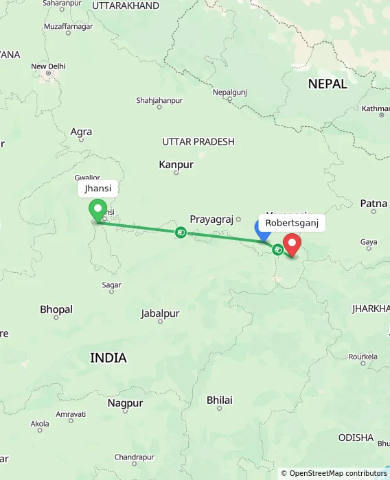 Route map showing distance and travel time from Jhansi, India to Robertsganj, India