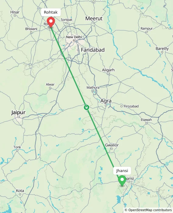 Route map showing distance and travel time from Jhansi, India to Rohtak, India