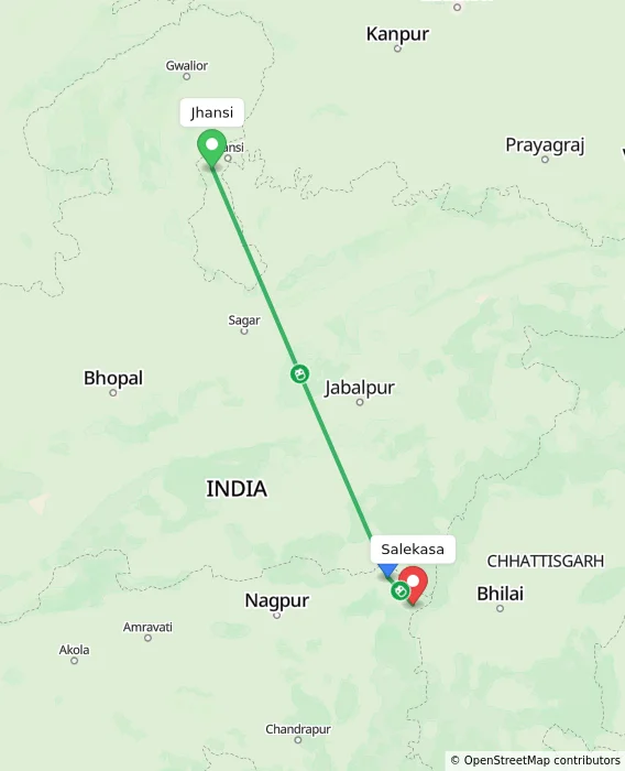 Route map showing distance and travel time from Jhansi, India to Salekasa, India