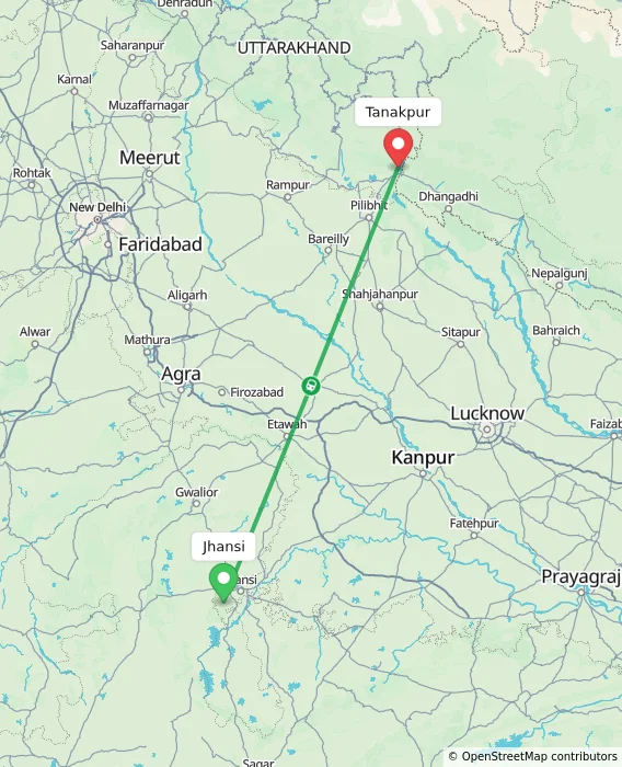 Route map showing distance and travel time from Jhansi, India to Tanakpur, India