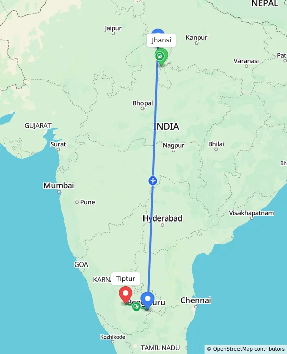 Route map showing distance and travel time from Jhansi, India to Tiptur, India