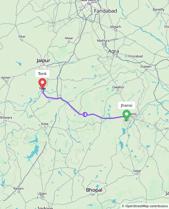 Route map showing distance and travel time from Jhansi, India to Tonk, India