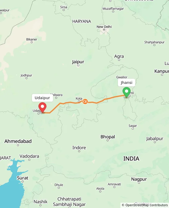 Route map showing distance and travel time from Jhansi, India to Udaipur, India