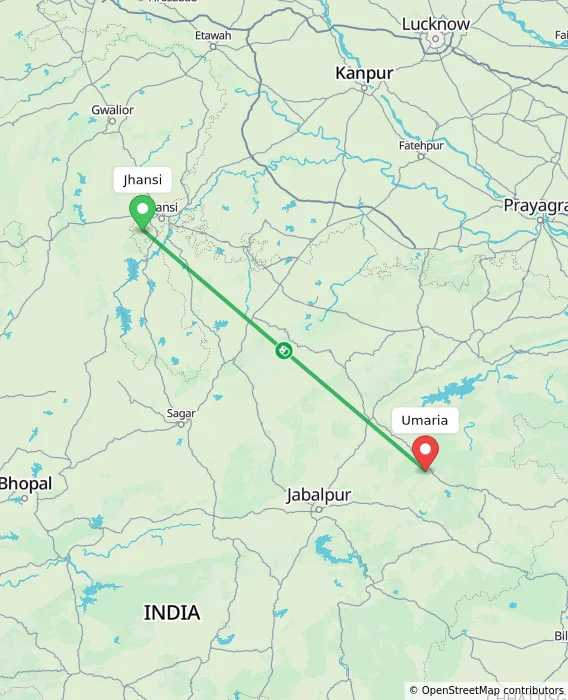 Route map showing distance and travel time from Jhansi, India to Umaria, India