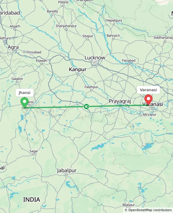 Route map showing distance and travel time from Jhansi, India to Varanasi, India