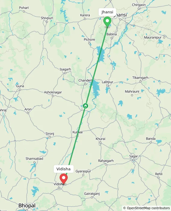 Route map showing distance and travel time from Jhansi, India to Vidisha, India