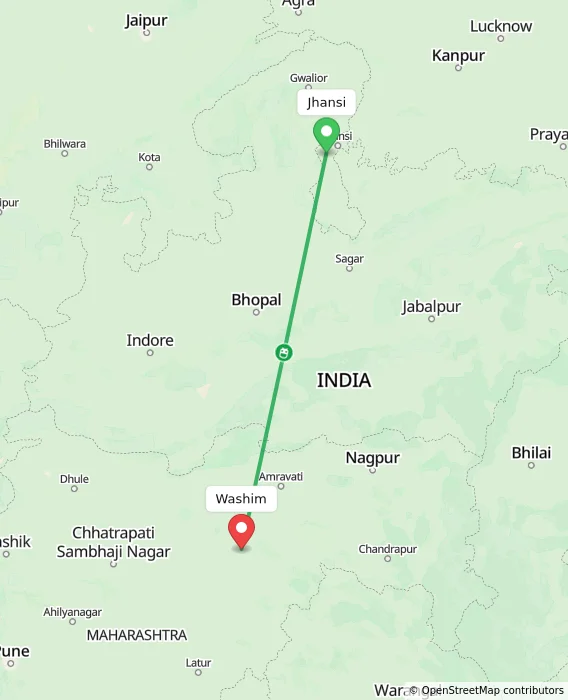 Route map showing distance and travel time from Jhansi, India to Washim, India