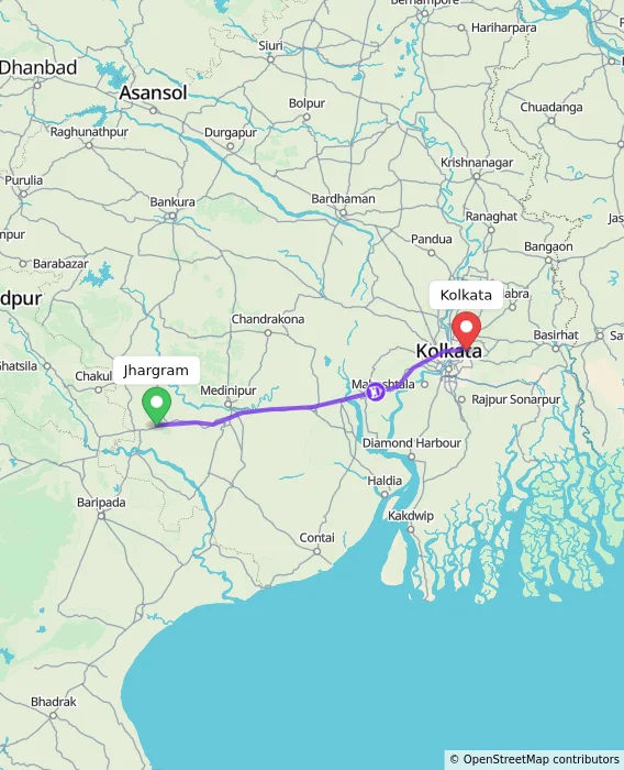 Route map showing distance and travel time from Jhargram, India to Kolkata, India