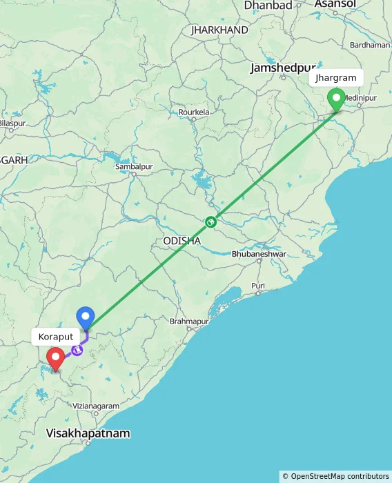 Route map showing distance and travel time from Jhargram, India to Koraput, India