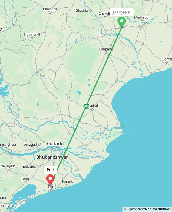 Route map showing distance and travel time from Jhargram, India to Puri, India