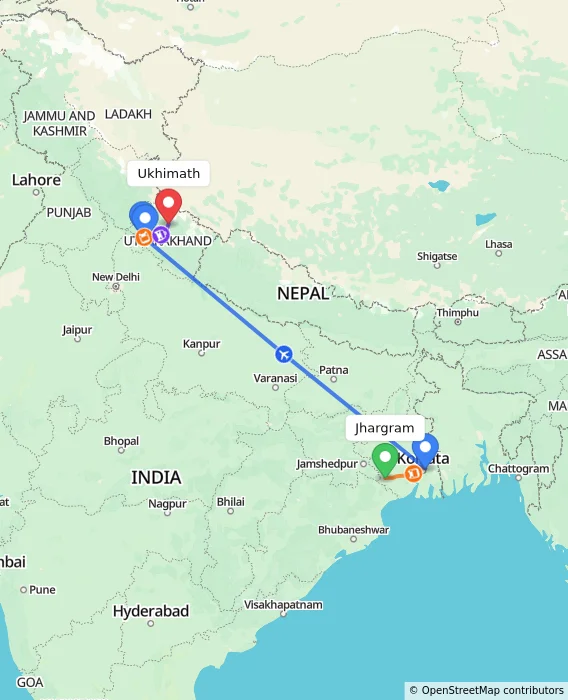 Route map showing distance and travel time from Jhargram, India to Ukhimath, India