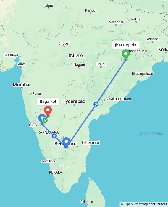 Route map showing distance and travel time from Jharsuguda, India to Bagalkot, India
