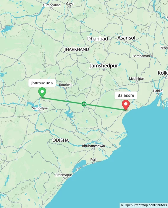 Route map showing distance and travel time from Jharsuguda, India to Balasore, India