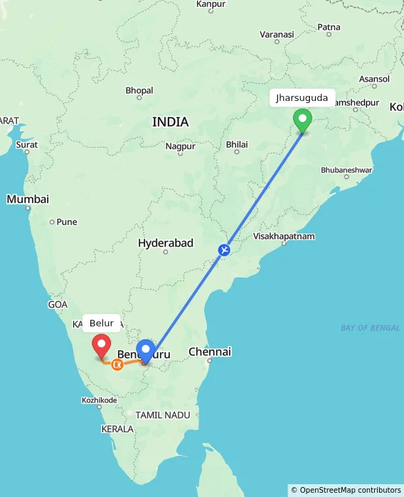 Route map showing distance and travel time from Jharsuguda, India to Belur, India