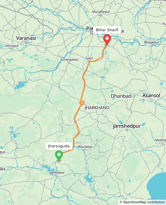 Route map showing distance and travel time from Jharsuguda, India to Bihar Sharif, India