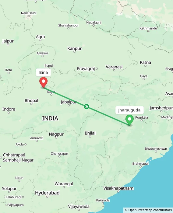 Route map showing distance and travel time from Jharsuguda, India to Bina, India