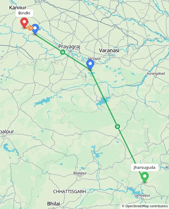 Route map showing distance and travel time from Jharsuguda, India to Bindki, India