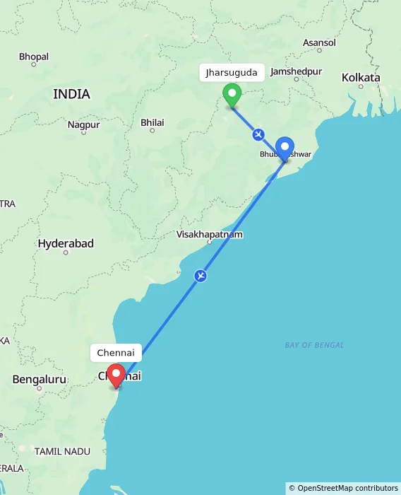 Route map showing distance and travel time from Jharsuguda, India to Chennai, India