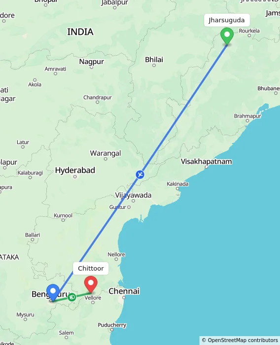 Route map showing distance and travel time from Jharsuguda, India to Chittoor, India