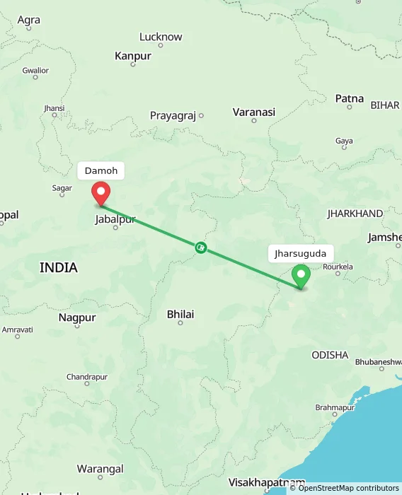 Route map showing distance and travel time from Jharsuguda, India to Damoh, India
