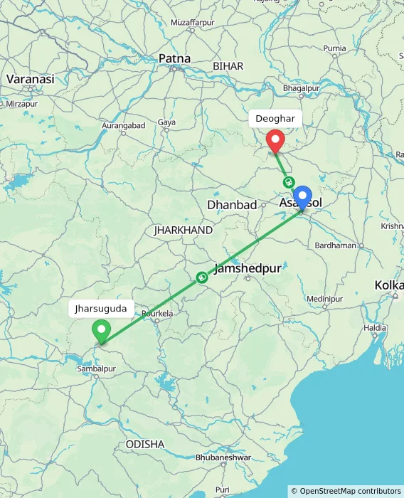 Route map showing distance and travel time from Jharsuguda, India to Deoghar, India