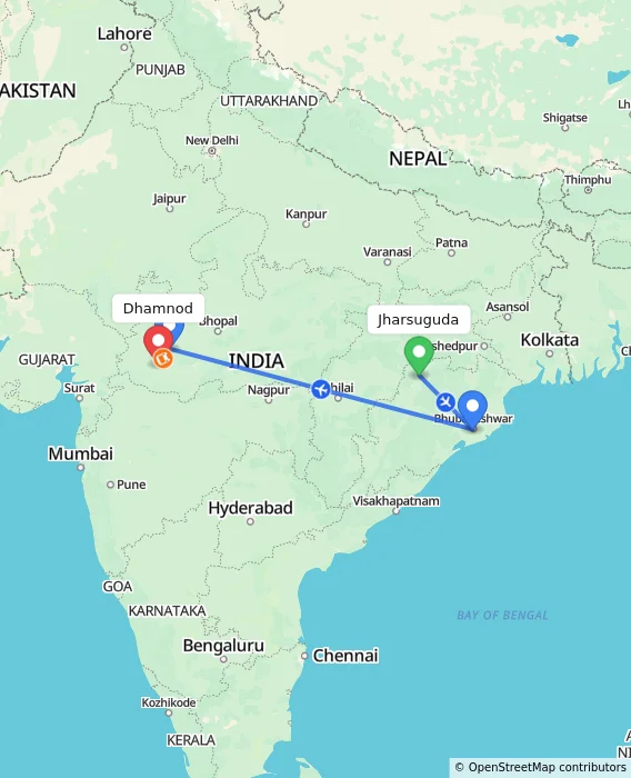 Route map showing distance and travel time from Jharsuguda, India to Dhamnod, India