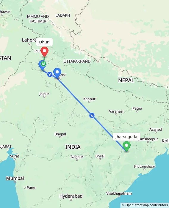 Route map showing distance and travel time from Jharsuguda, India to Dhuri, India