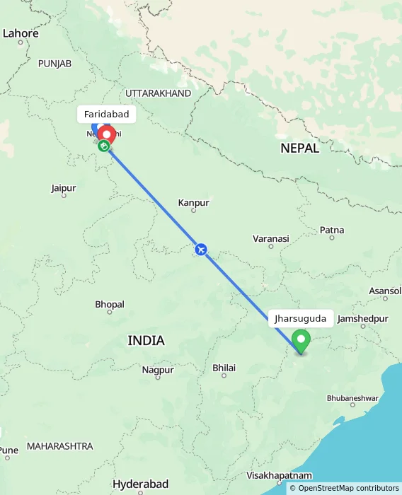 Route map showing distance and travel time from Jharsuguda, India to Faridabad, India