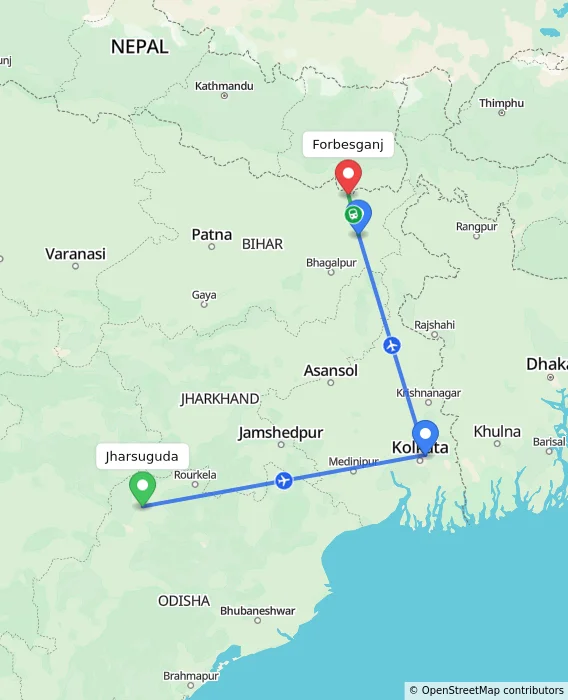 Route map showing distance and travel time from Jharsuguda, India to Forbesganj, India